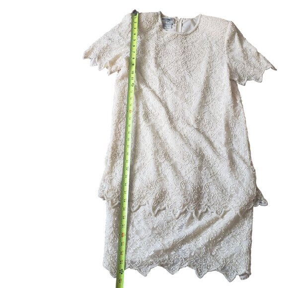 Vintage 80s Beaded Tiered White Cream Shift Dress Size M Wedding Elegant - Picture 11 of 13